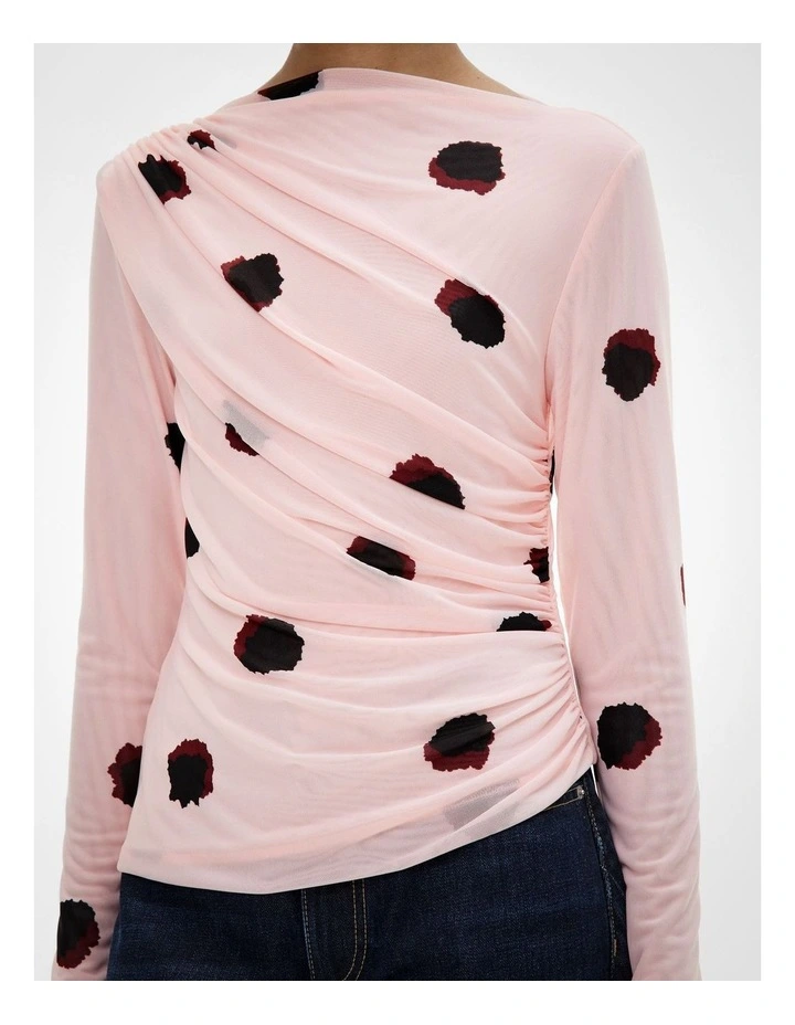 Mesh Drape Long Sleeve Top in Powder Print image 3
