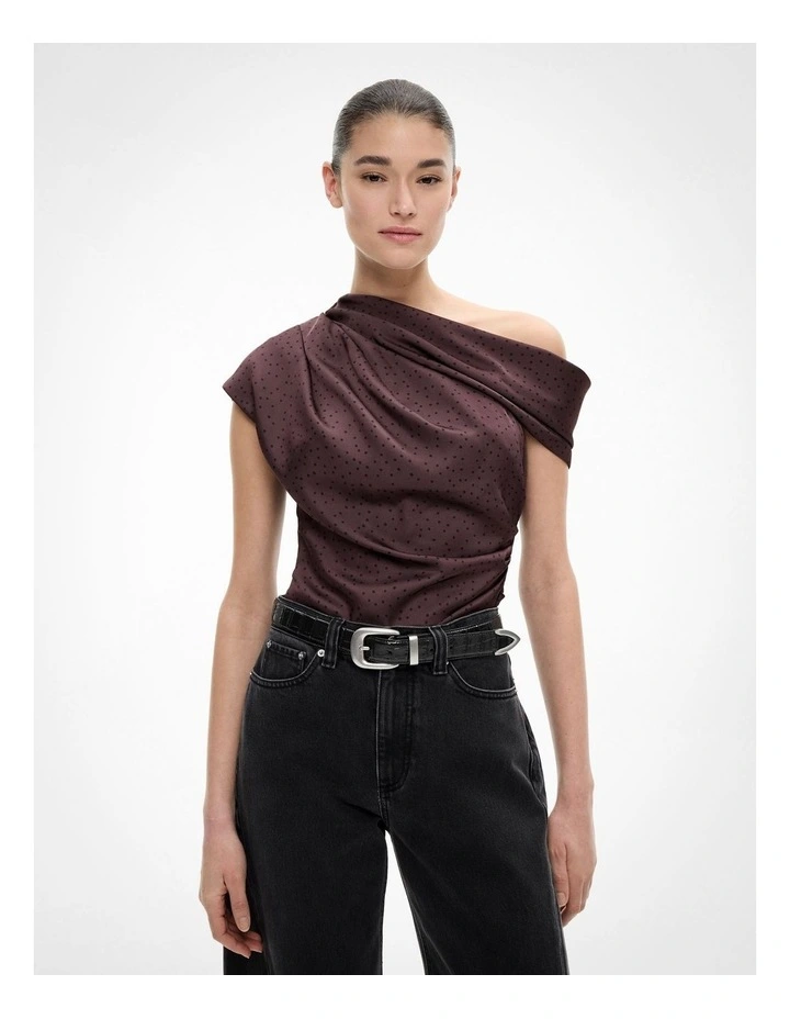 Draped Shoulder Top in Espresso Polka Dot image 1