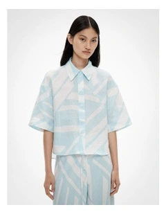 Short Sleeve Printed Linen Shirt in Aquamarine Abstract
