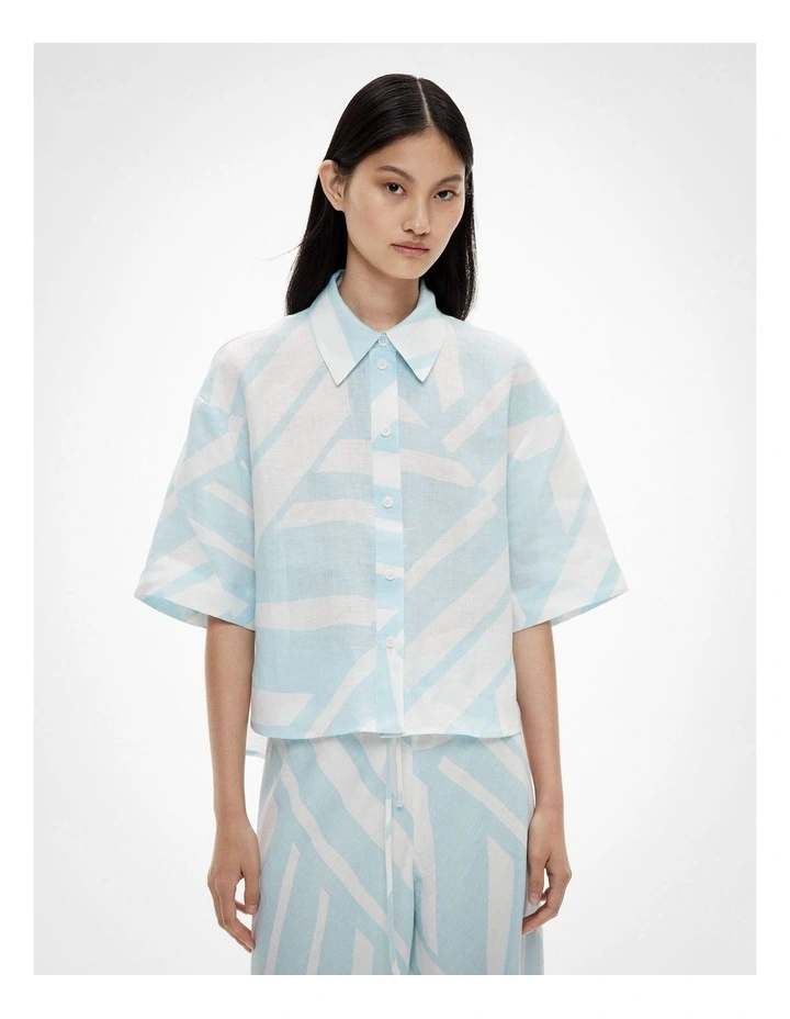 Short Sleeve Printed Linen Shirt in Aquamarine Abstract image 1