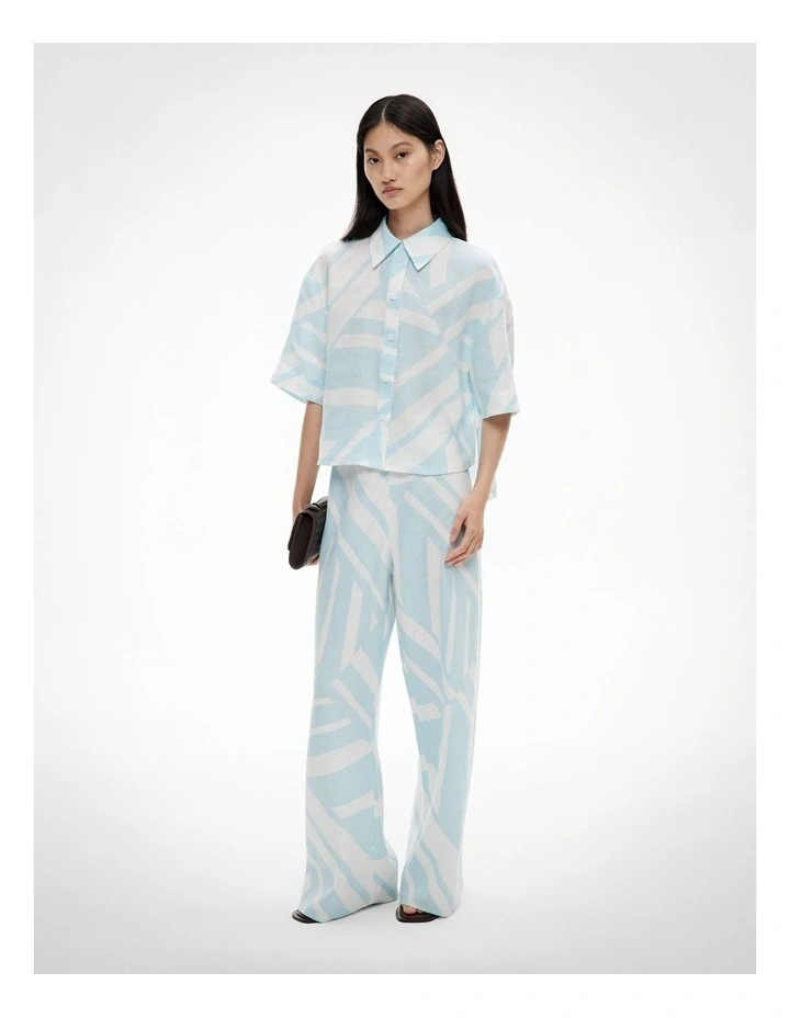 Short Sleeve Printed Linen Shirt in Aquamarine Abstract image 2