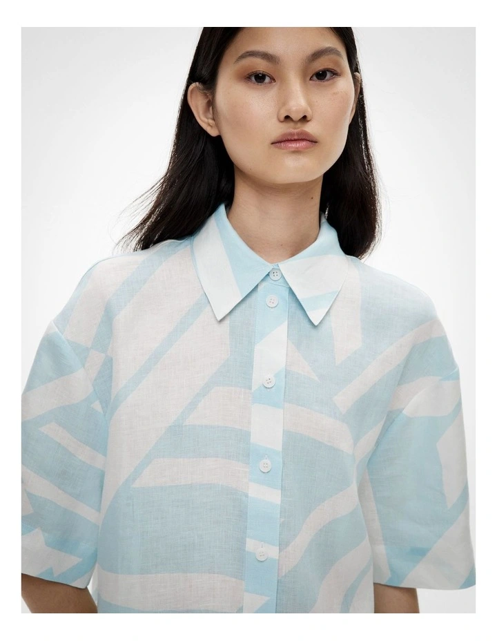 Short Sleeve Printed Linen Shirt in Aquamarine Abstract image 3