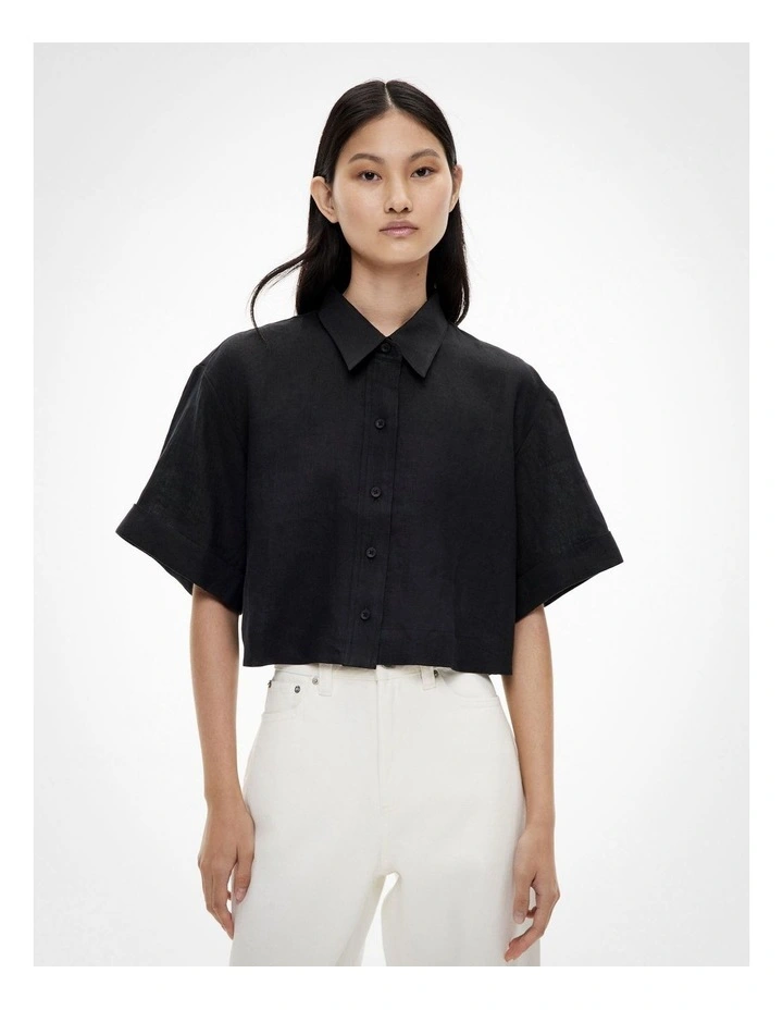 Linen Crop Shirt in Black image 1