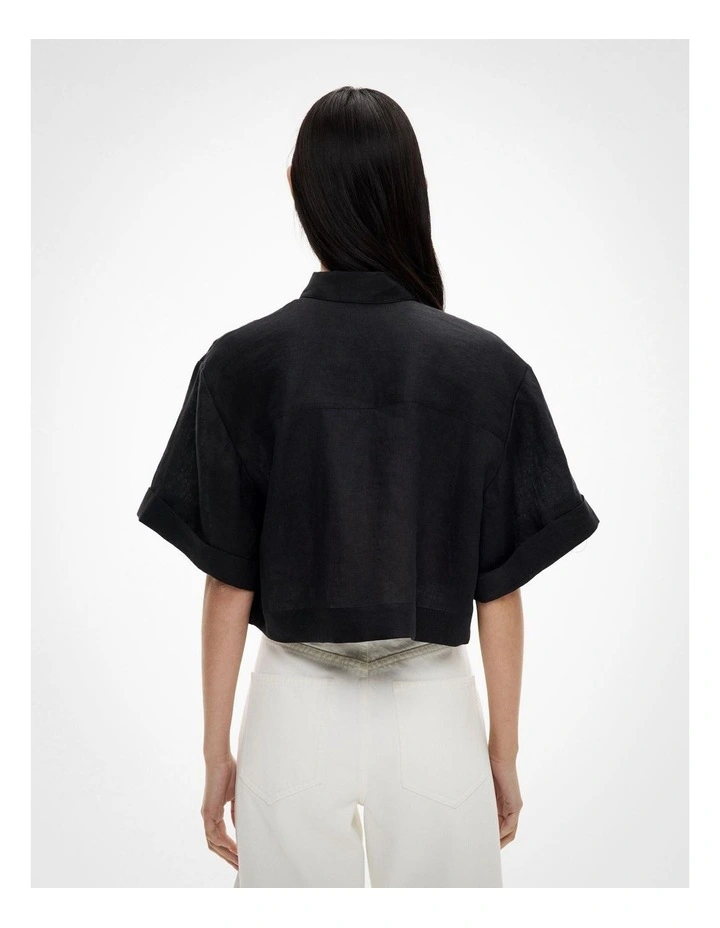 Linen Crop Shirt in Black image 4