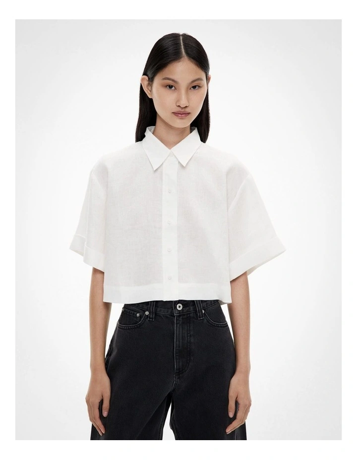 Linen Crop Shirt in Fresh White image 1