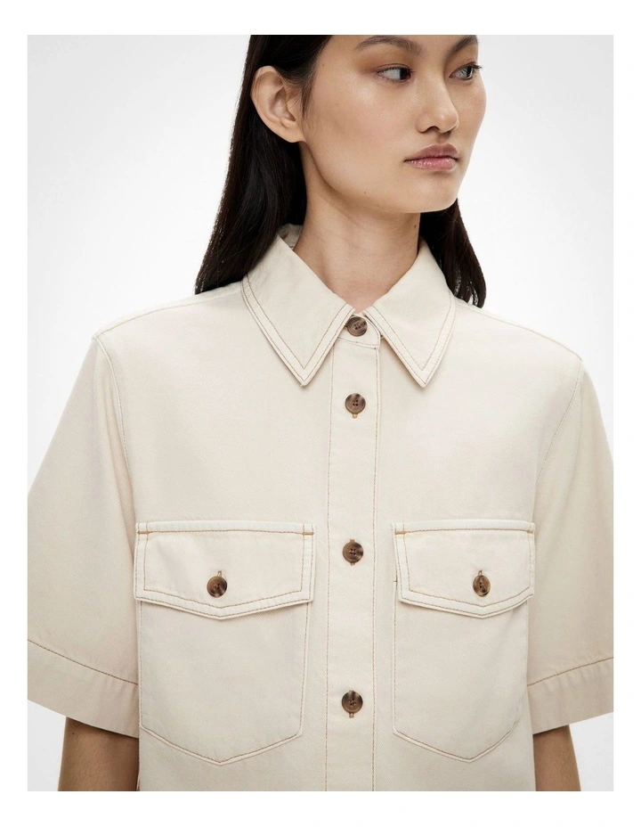 Patch Pocket Denim Shirt in Bone image 4