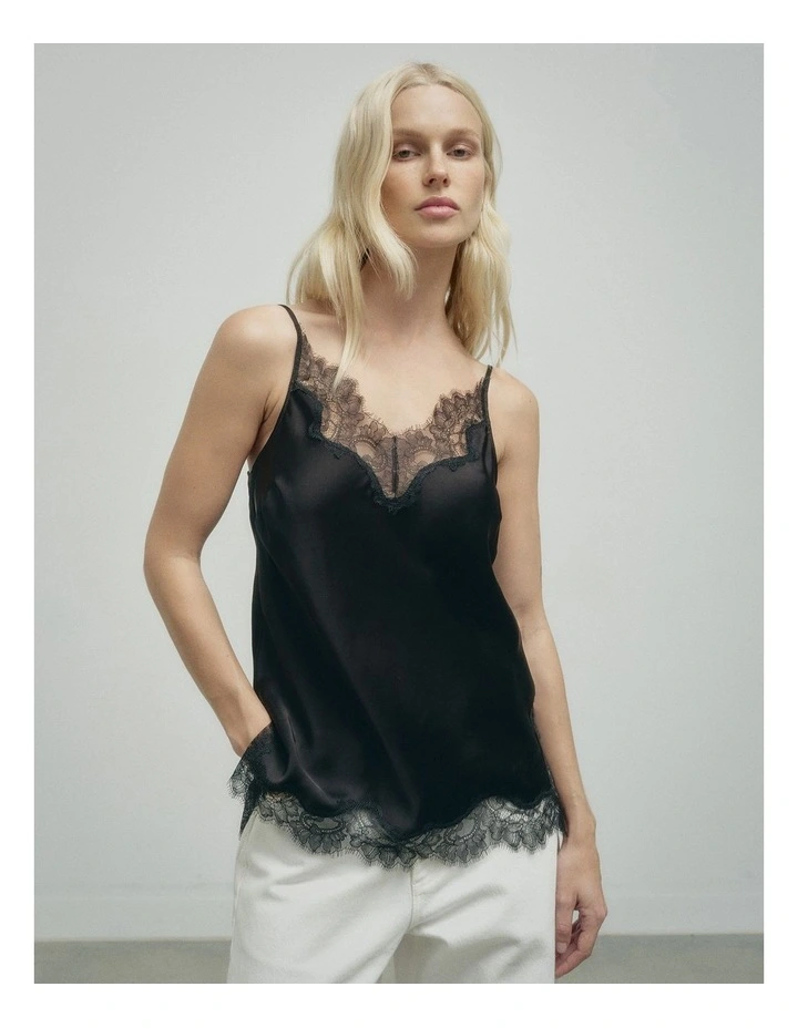 Lace Trim Camisole in Black image 2