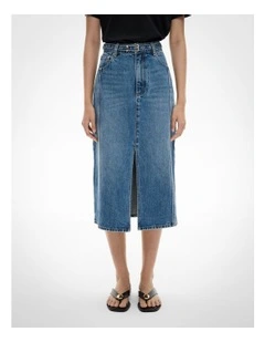 Denim Belt Midi Skirt in Indigo