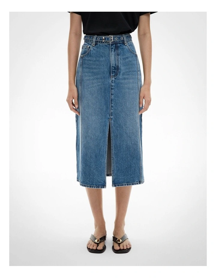 Denim Belt Midi Skirt in Indigo image 1