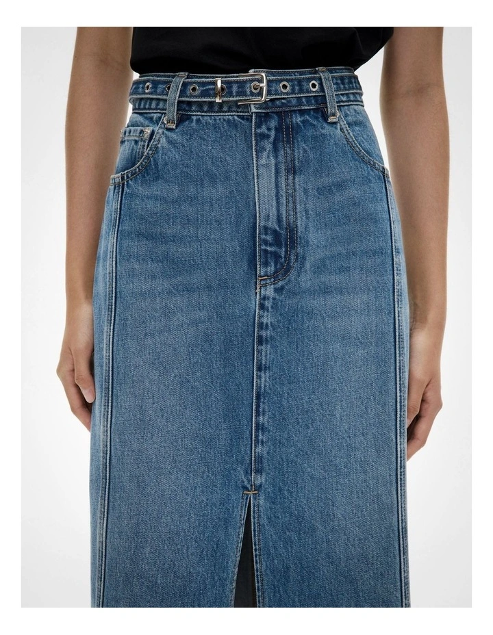 Denim Belt Midi Skirt in Indigo image 3