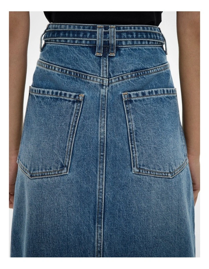 Denim Belt Midi Skirt in Indigo image 4