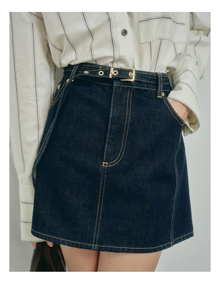 Denim Belt Mini Skirt in Raw Denim image 2