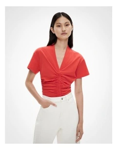 Gathered V Neck T-shirt in Flame
