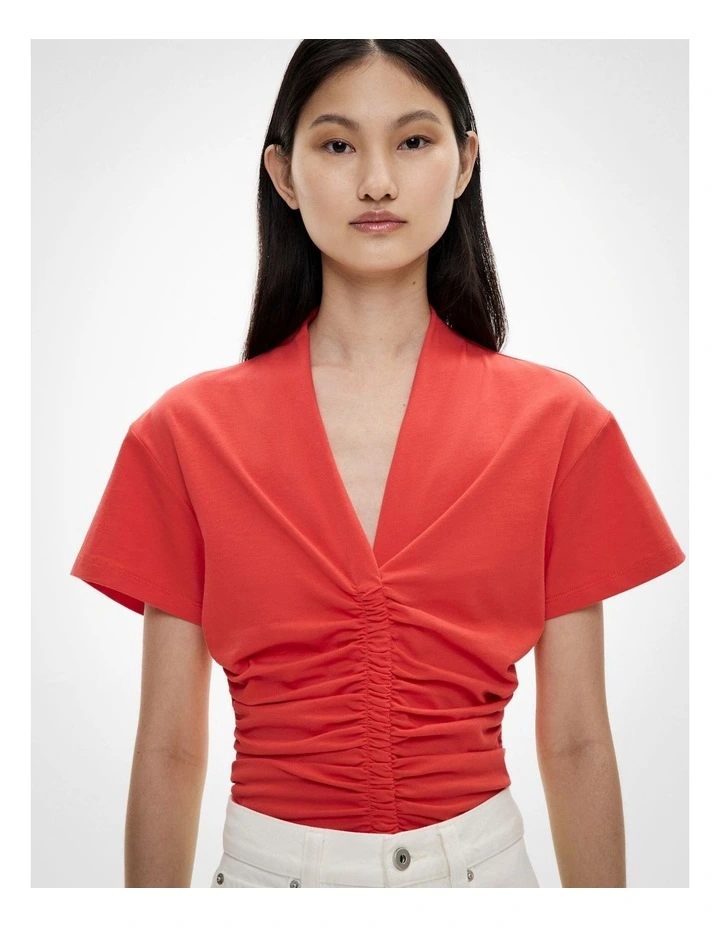 Gathered V Neck T-shirt in Flame image 2