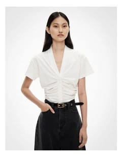 Gathered V Neck T-shirt in Fresh White