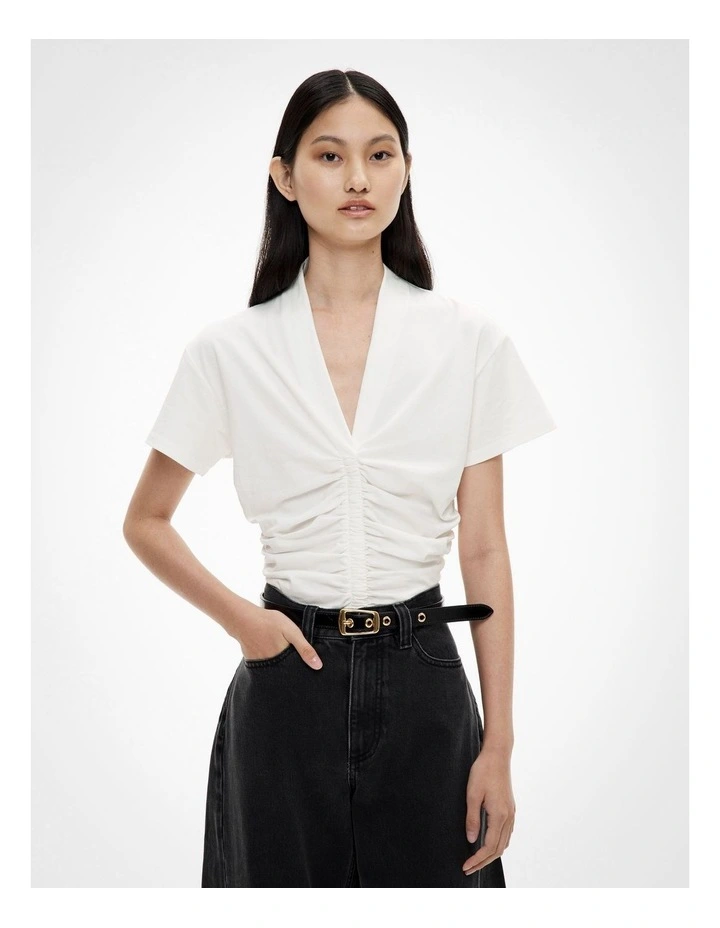 Gathered V Neck T-shirt in Fresh White image 1