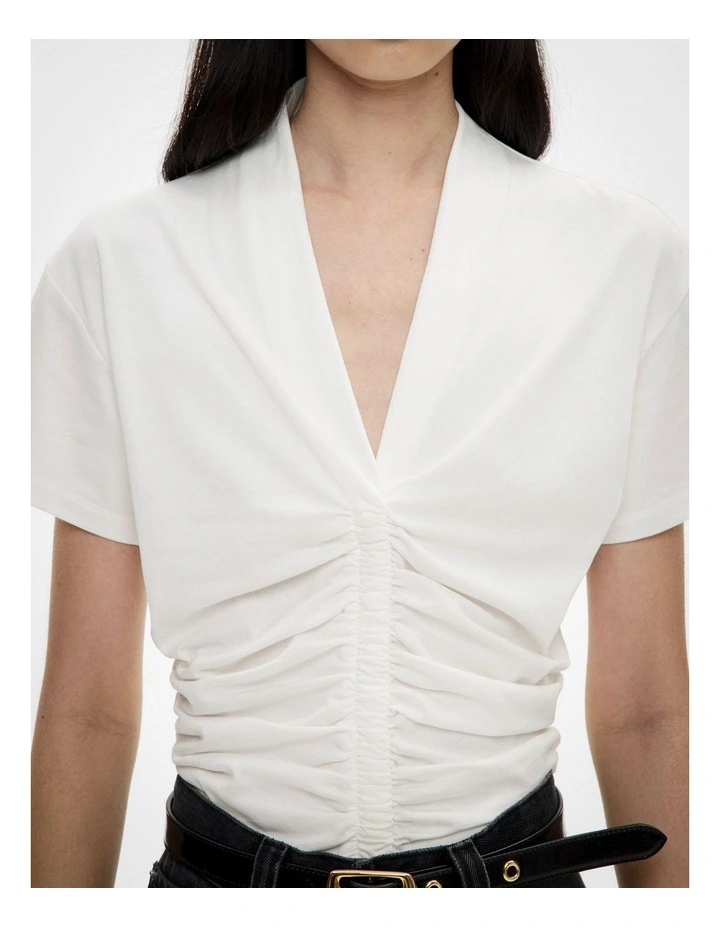 Gathered V Neck T-shirt in Fresh White image 2
