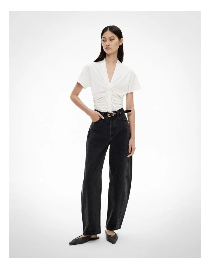 Gathered V Neck T-shirt in Fresh White image 3