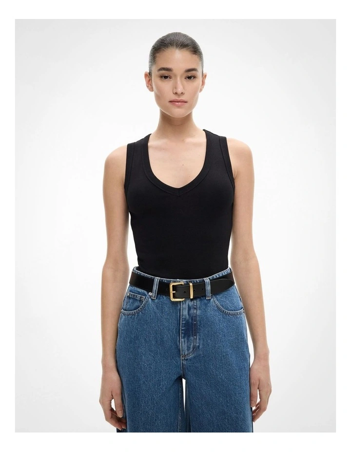 Fine Rib V Neck Tank in Black image 2