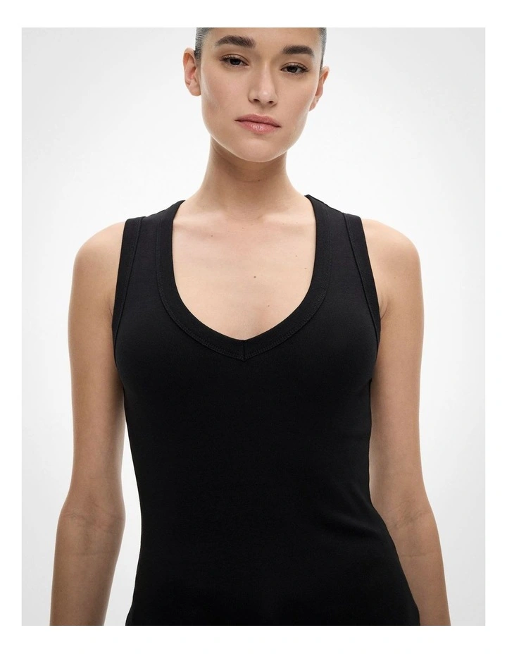 Fine Rib V Neck Tank in Black image 3