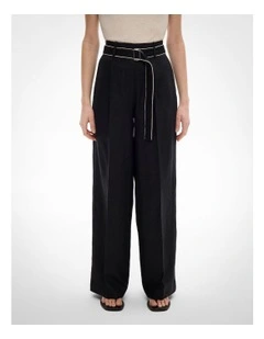 Belt Detail Linen Pants in Black