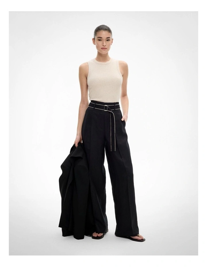 Belt Detail Linen Pants in Black image 2