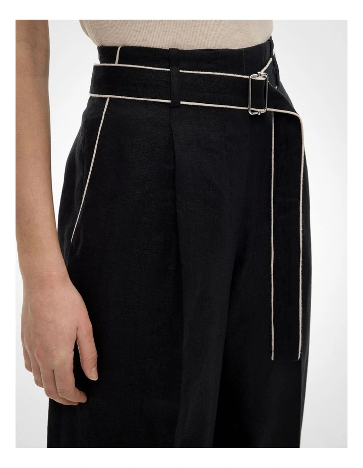 Belt Detail Linen Pants in Black image 3