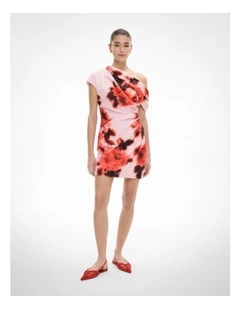 Draped Shoulder Dress in Flame Floral