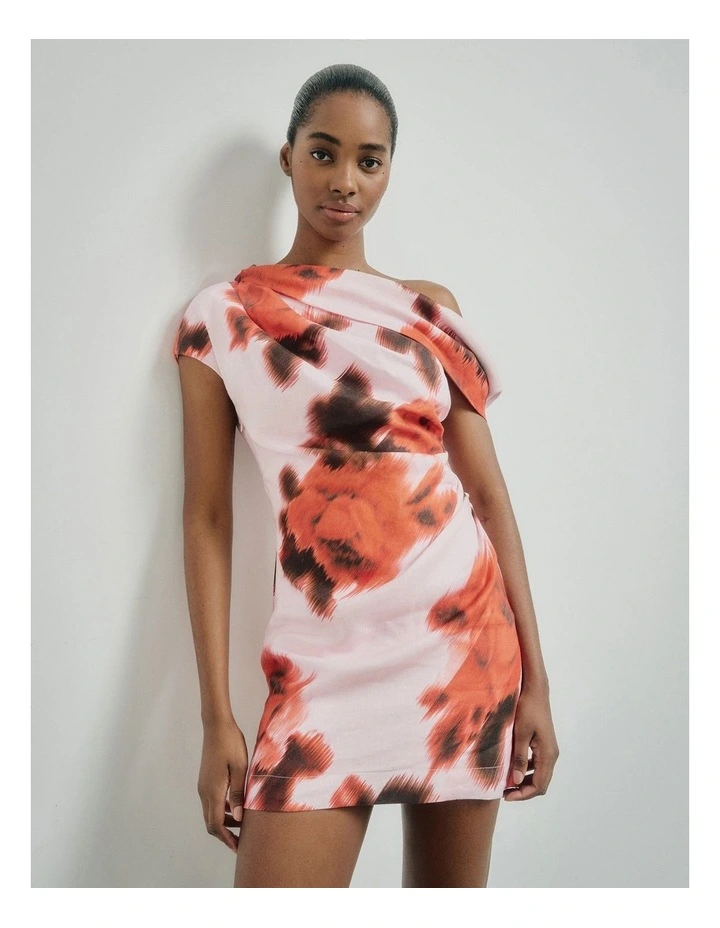 Draped Shoulder Dress in Flame Floral image 2