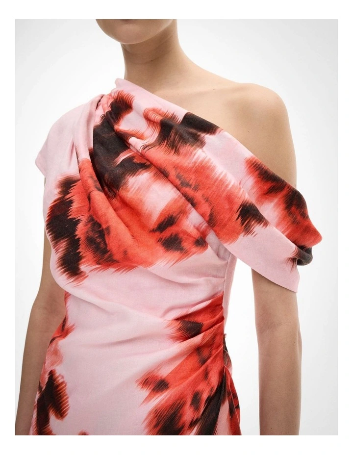 Draped Shoulder Dress in Flame Floral image 4