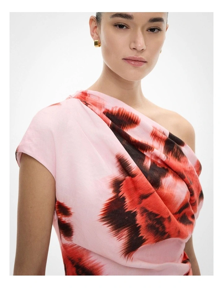 Draped Shoulder Dress in Flame Floral image 5