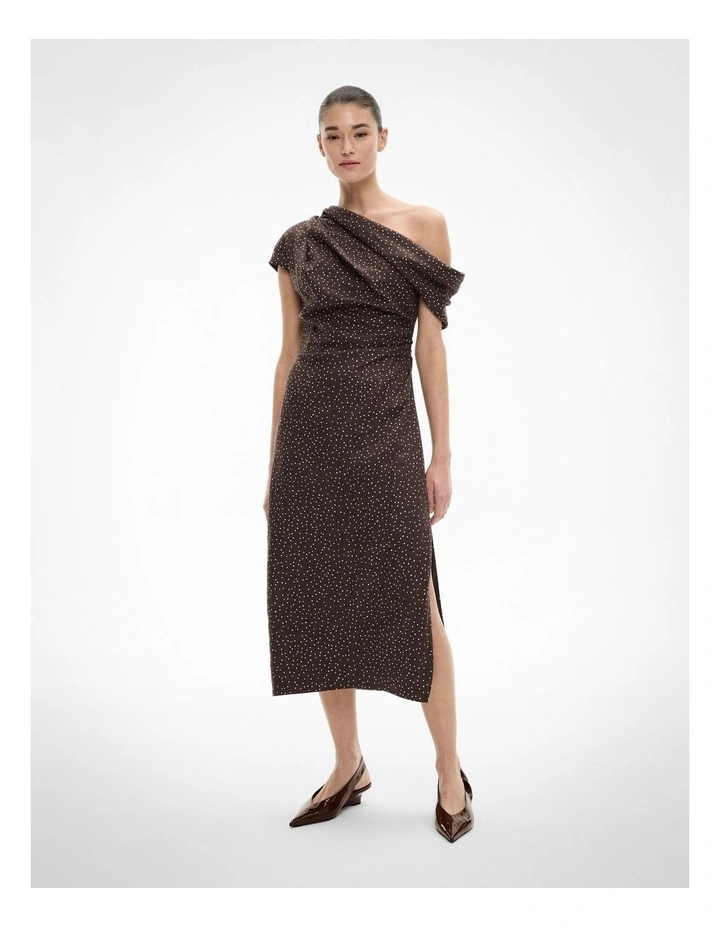 Draped Shoulder Midi Dress in Espresso Chalk Spot image 1