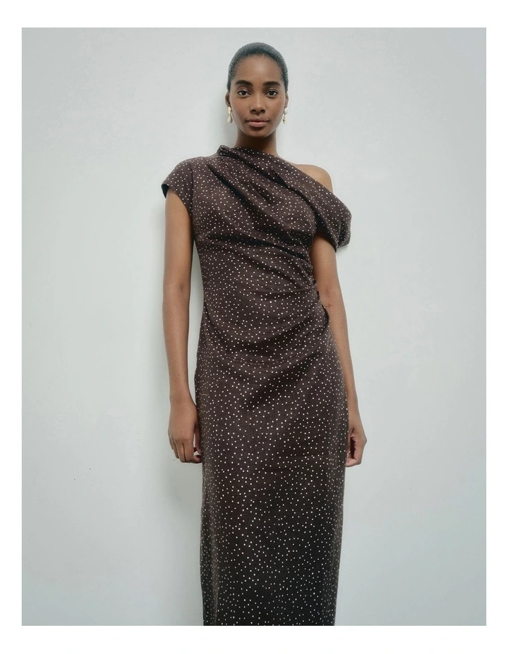 Draped Shoulder Midi Dress in Espresso Chalk Spot image 2