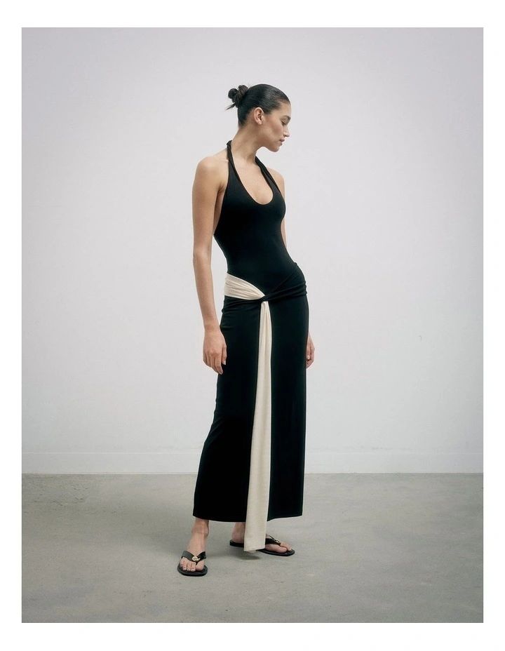 Contrast Drape Dress in Black Multi image 2