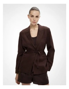 Tie Detail Linen Blazer in Espresso