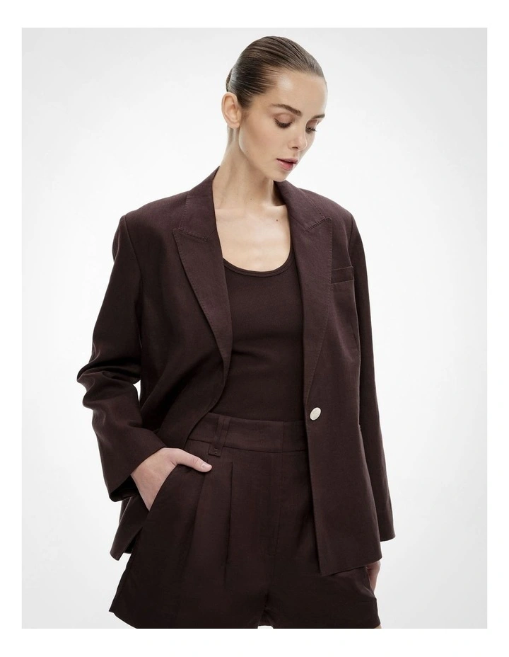 Tie Detail Linen Blazer in Espresso image 3