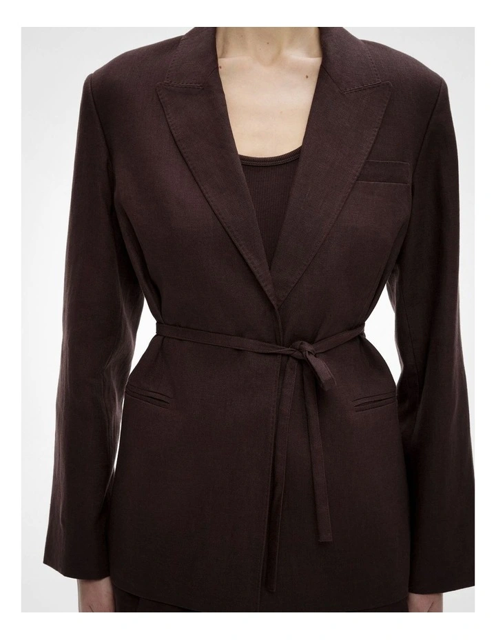 Tie Detail Linen Blazer in Espresso image 4