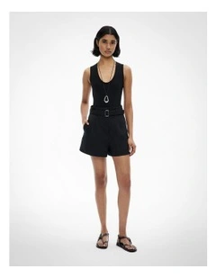 Belt Detail Linen Shorts in Black