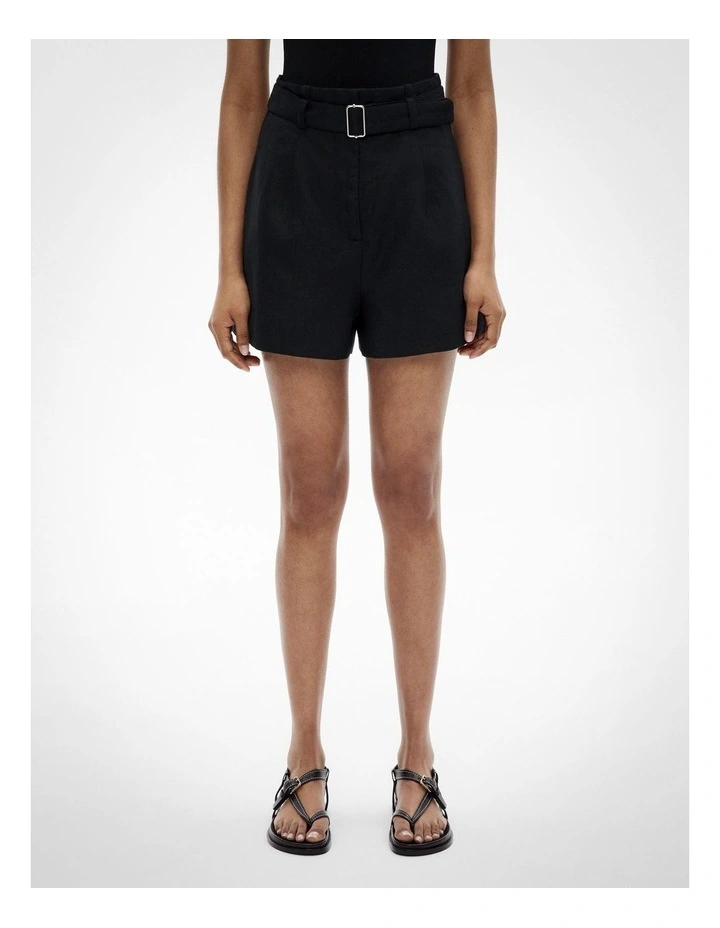 Belt Detail Linen Shorts in Black image 2