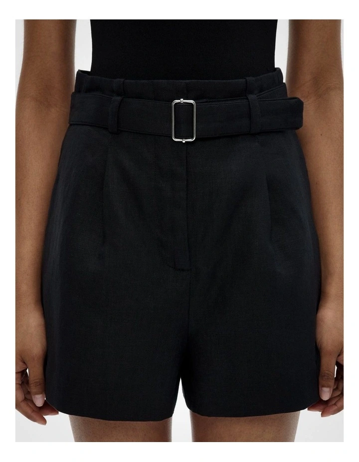 Belt Detail Linen Shorts in Black image 3