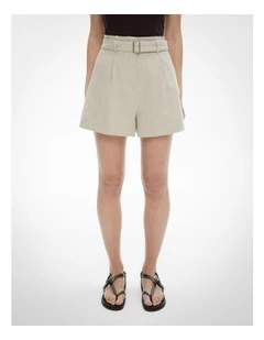 Belt Detail Linen Shorts in Sand