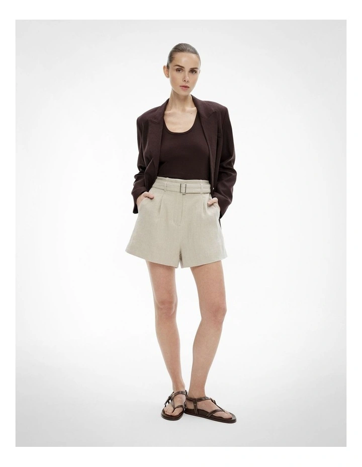 Belt Detail Linen Shorts in Sand image 2