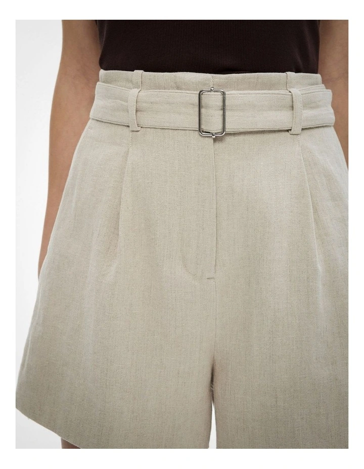 Belt Detail Linen Shorts in Sand image 3