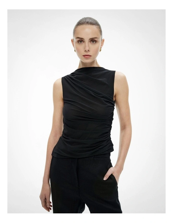 Mesh Drape Tank Top in Black image 1