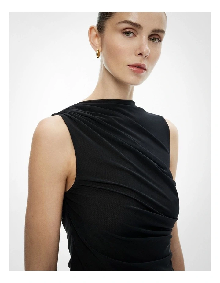 Mesh Drape Tank Top in Black image 3