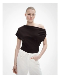 Asymmetric Draped T-shirt in Espresso