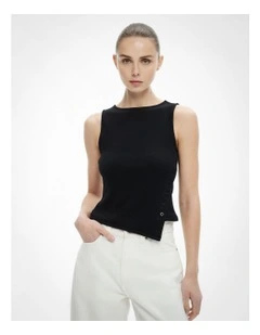 Asymmetrical Button Rib Tank Top in Black