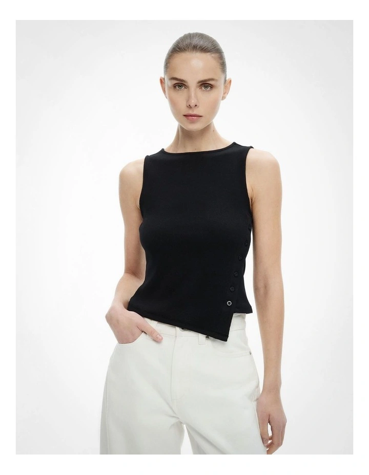 Asymmetrical Button Rib Tank Top in Black image 1