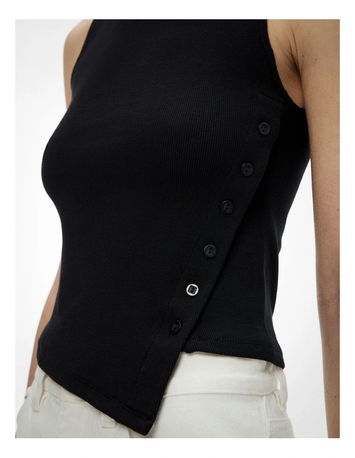 Asymmetrical Button Rib Tank Top in Black image 3