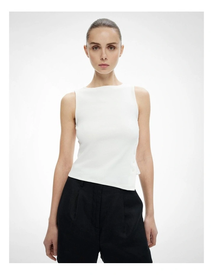 Asymmetrical Button Rib Tank Top in Fresh White image 2